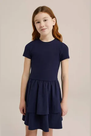 WE Fashion Korte jurk rib gebreid Meisjes Stretchkatoen Ronde hals