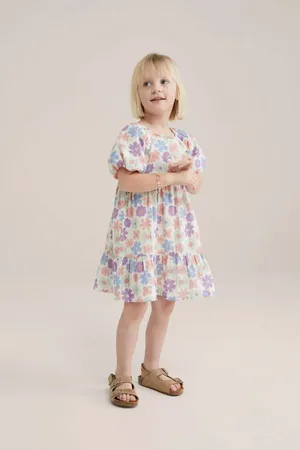 WE Fashion Korte jurk ecru Meisjes Katoen Ronde hals Bloemen