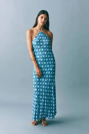MANGO Satijnen maxi jurk blauw Meisjes Viscose Halter Bloemen