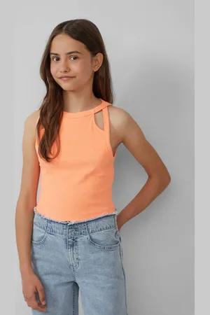 QS by s.Oliver Mouwloze top oranje rib gebreid Meisjes Polyester Ronde hals Effen