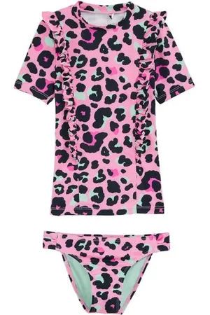 WE Fashion Tweedelig UV zwempak roze/zwart/blauw Meisjes Polyester Ronde hals