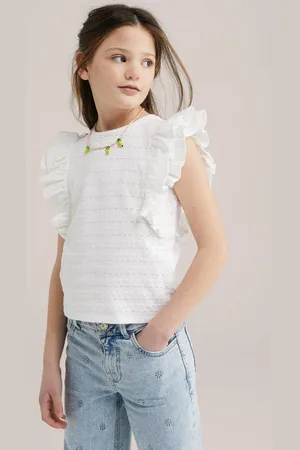 WE Fashion Mouwloze top broderie Meisjes Stretchkatoen Ronde hals Effen