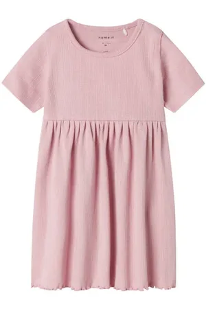 NAME IT BABY korte jurk gebreid rosé Meisjes Stretchkatoen Ronde hals Effen