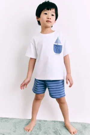 MANGO Shortama marineblauw/wit Jongens Katoen Ronde hals Printopdruk