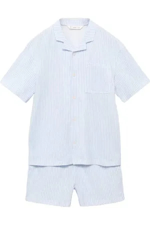 MANGO Shortama lichtblauw/wit Jongens Katoen Klassieke kraag Streep