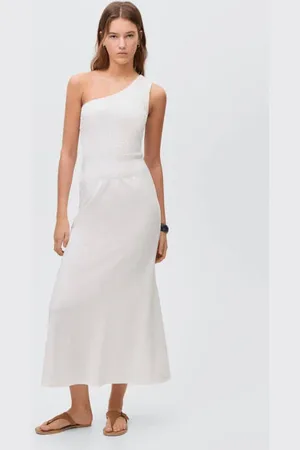 MANGO Maxi jurk wit Meisjes Katoen One shoulder Effen