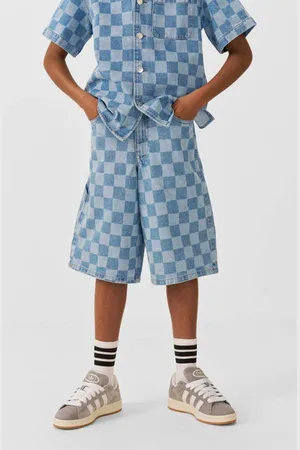 CoolCat Denim short Bobby met checkerboard print Effen