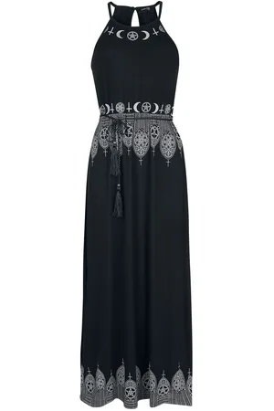 Gothicana Gothic Lange jurk - Black Maxi Dress with Prints and Narrow Tie-Belt - S tot 5XL - voor Vrouwen