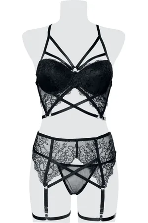 Grey Velvet Gothic Ondergoed - 3-teiliges Spitzen Harness-Bra Set - S tot XL - voor Vrouwen
