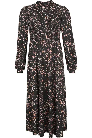 QED London Rockabilly Medium-lengte jurk - Shirred Bust Ditsy Floral Shirt Midi Dress - M - voor Vrouwen