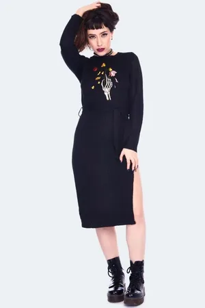 Jawbreaker Gothic Medium-lengte jurk - Dead Flowers Embroidered Knitted Midi Dress - XS tot XL - voor Vrouwen