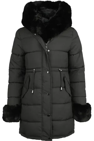 QED London Rockabilly Lange jassen - Fur Trim Padded Hooded Coat - S tot XL - voor Vrouwen