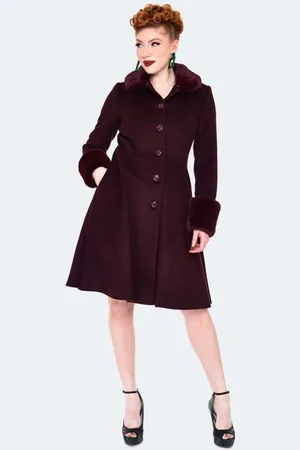 Voodoo Vixen Rockabilly Lange jassen - Faux Fur Trim Flare Coat - M tot XXL - voor Vrouwen