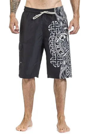 EMP Zwembroek - Black Swim Shorts with Celtic-Style Raven Print - S tot XXL - voor Mannen