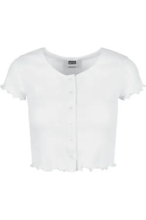 Urban classics T-shirt - Ladies Cropped Button Up Rib Tee - XS tot XL - voor Vrouwen