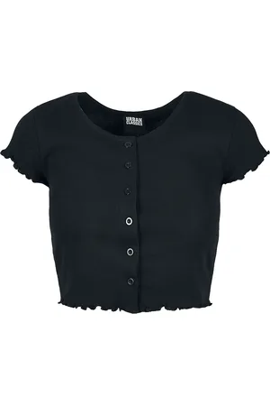 Urban classics T-shirt - Ladies Cropped Button Up Rib Tee - XS tot XL - voor Vrouwen