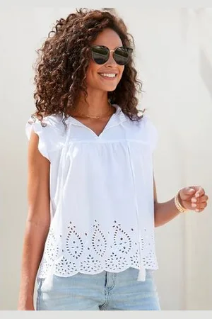 vivance collection Blouse met korte mouwen met broderie anglaise en v-hals, blusentop, zomers