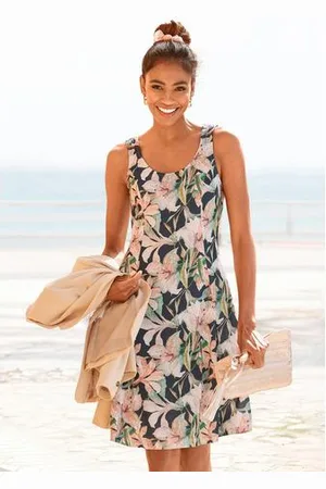 Lascana Zomerjurk met diepe ruguitsnijding in bloemenprint, minijurk, strandjurk
