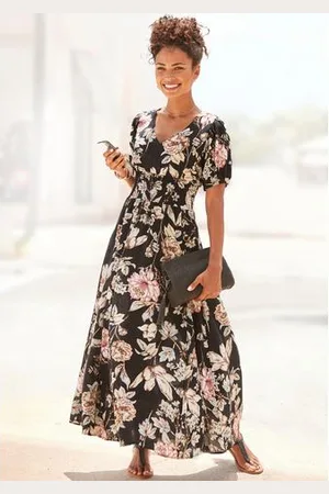 Lascana Maxi-jurk met bloemenprint en lichte pofmouwen, zomerjurk, casual-elegant