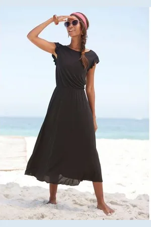 beachtime Midi-jurk van viscose-jersey, zomerjurk met korte mouwen, strandjurk, basis