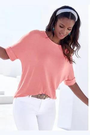 Lascana Shirt met ronde hals Met brede mouwomslag van zacht viscose-fijntricot