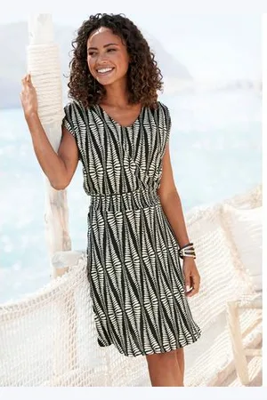 Lascana Jerseyjurk met brede smockband, kort zomerjurk in alloverprint, strandjurk