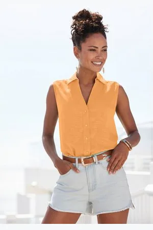 Lascana Top van zachte geweven stof met linnenpercentage, damesblouse met overhemdkraag