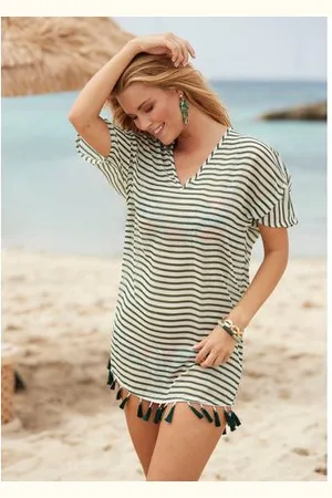 Venice Beach Chiffon tuniek met strepenprint, kwasten met franjes, cover-up