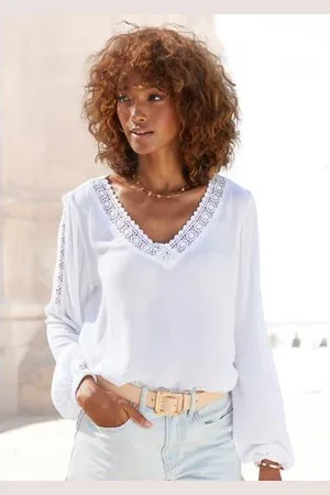 vivance collection Gekreukte blouse met kantinzetten, zomerse damesblouse, lange mouwen blouse