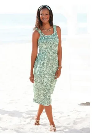 beachtime Jerseyjurk met bladerenprint en zakken, licht strandjurk, zomerjurk