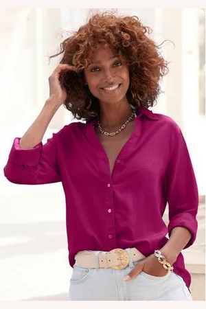 Lascana Overhemdblouse van linnenmix, damesblouse met overhemdkraag en knoopsluiting