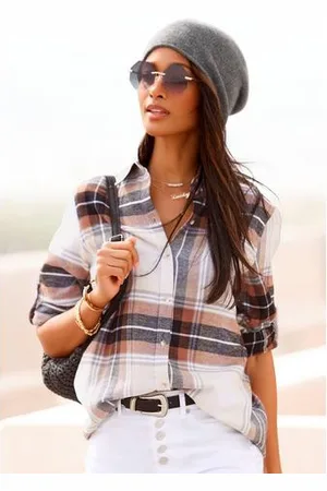 Buffalo Overhemdblouse van zachte flanel met blousekraag, flanellen shirt, ruitblouse