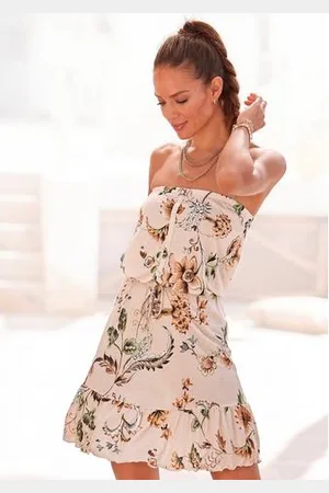 Buffalo Bandeaujurk met sierlijke knoopsluiting, mini jurk, zomerjurk, off-the-shoulder