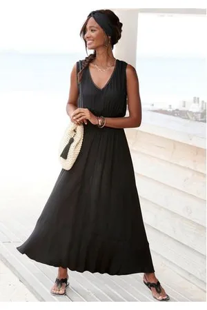 QS by s.Oliver Maxi-jurk gemaakt van crêpe viscose met striksluiting in de hals, zomerjurk, strandjurk