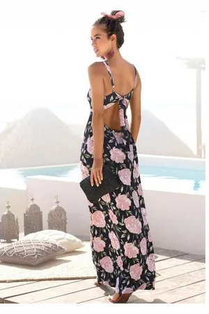 QS by s.Oliver Maxi-jurk met laag uitgesneden rug, zomerjurk met all-over print, strandjurk