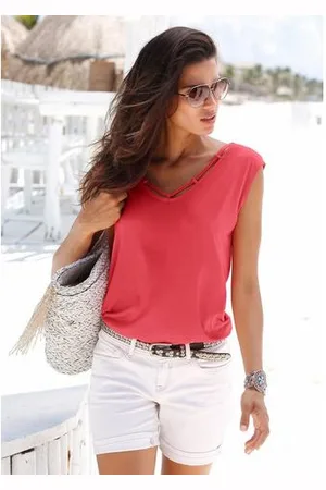 QS by s.Oliver T-shirt met sierbandjes bij de hals, shirt met korte mouwen, zomers
