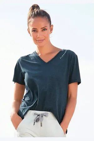 ELBSAND T-shirt Talvi met flockprint en v-hals, shirt met korte mouwen van katoenmix