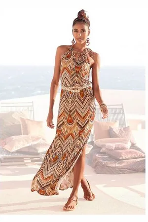 Lascana Maxi-jurk met modieuze halslijn in etnische print, zomerjurk, strandjurk