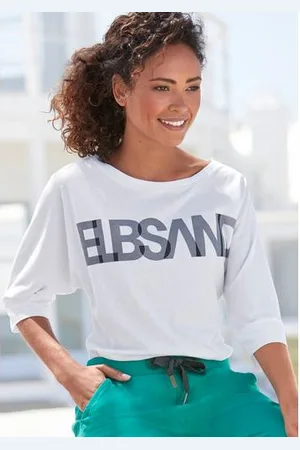 ELBSAND Shirt met 3/4-mouwen met logoprint, katoenmix, losse pasvorm