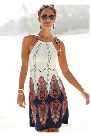 beachtime Strandjurk met gevlochten bandjes in all-over print, kort zomerjurkje