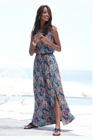 QS by s.Oliver Maxi-jurk met stippenprint en split, zachte jersey jurk, zomerjurk