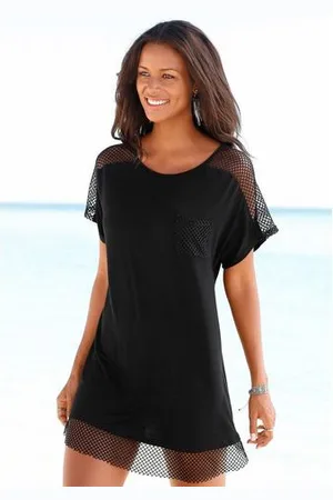 QS by s.Oliver Lang shirt met mesh inzetstukken, blousejurk, strandjurk, losse pasvorm