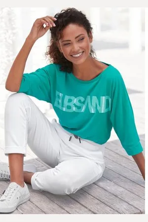 ELBSAND Shirt met 3/4-mouwen met logoprint, katoenmix, losse pasvorm