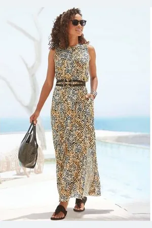 QS by s.Oliver Maxi-jurk met stippenprint en split, zachte jersey jurk, zomerjurk