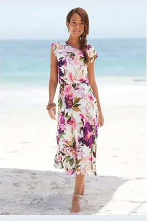 beachtime Midi-jurk met bloemenprint en elastische tailleband, zomerjurk, strandjurk