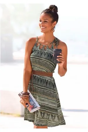 beachtime Jerseyjurk met all-over print en cut-outs bij de halslijn, zomerjurk, strandjurk