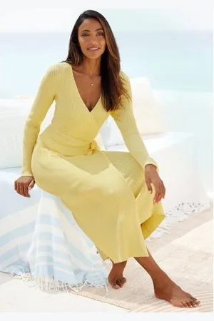 Lascana Gebreide jurk -Loungejurk Wikkeljurk met tailleband, loungewear