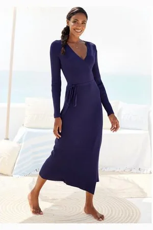 Lascana Gebreide jurk -Loungejurk Wikkeljurk met tailleband, loungewear