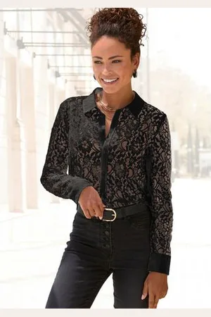 Lascana Kanten blouse met overhemdkraag, kanten blouse, transparante blouse, feestelijk