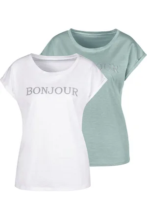 vivance collection T-shirt Met frontdruk "Bonjour" in een zachte katoenkwaliteit (2-delig, Set van 2)